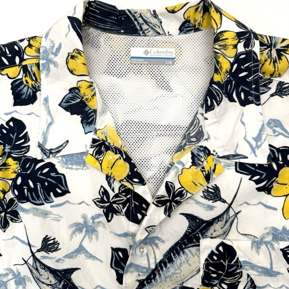 Columbia Shirt Mens Large‎ White PFG Tropical Marlin Fish Floral Button Down L